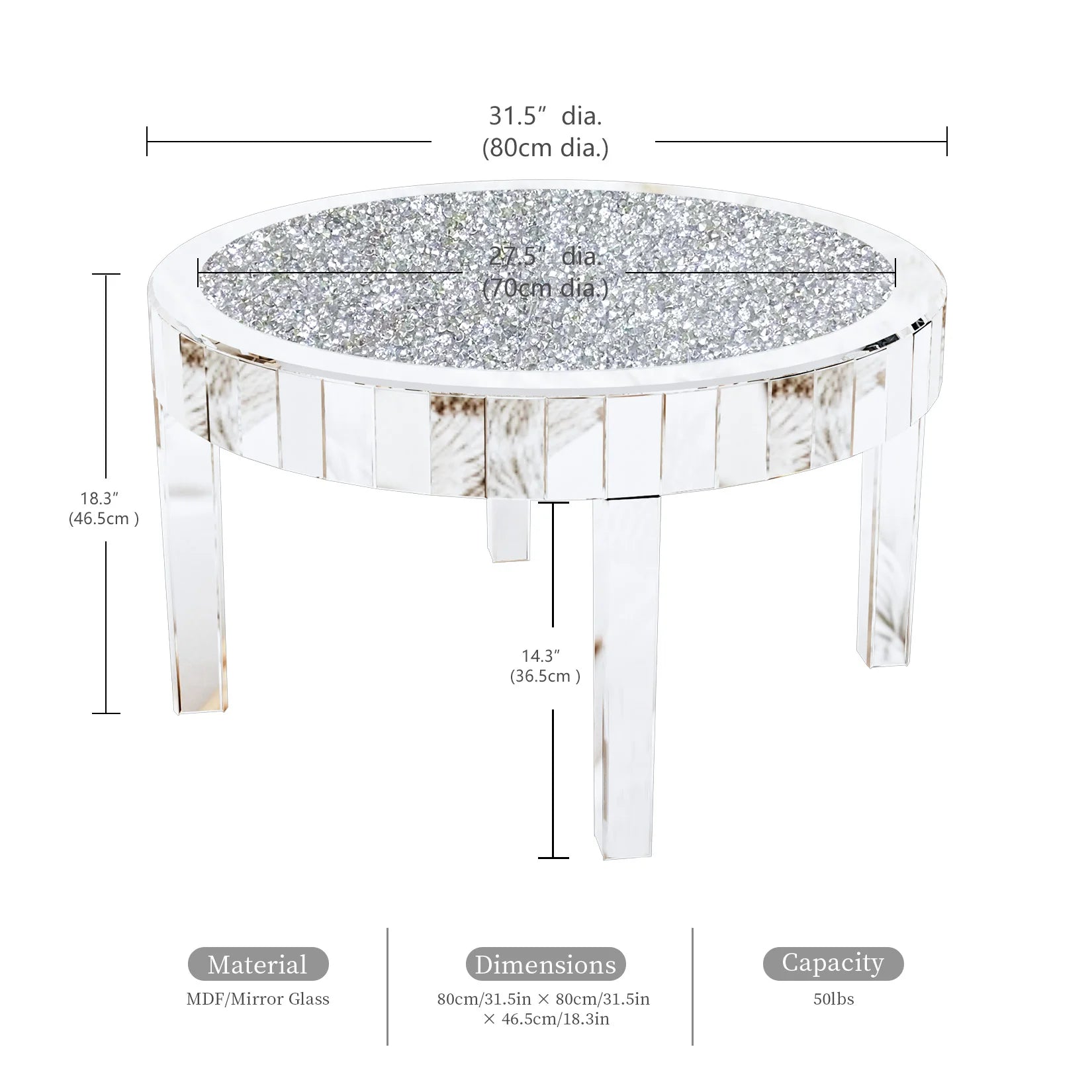 Mirrored Coffee Table with Crystal Inlay