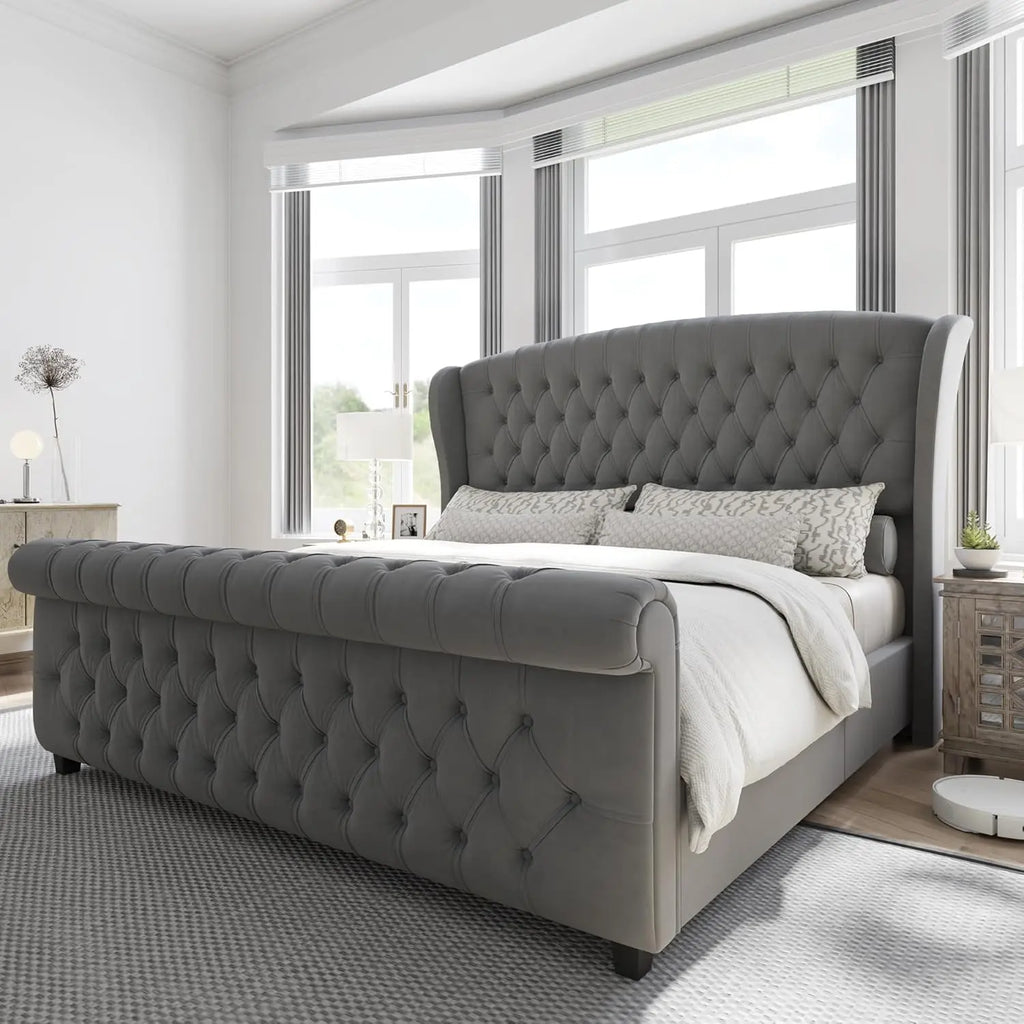 Chenille Upholstered Sleigh Bed with Scroll Wingback Headboard & Footboard/Button,