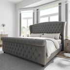 Chenille Upholstered Sleigh Bed with Scroll Wingback Headboard & Footboard/Button,