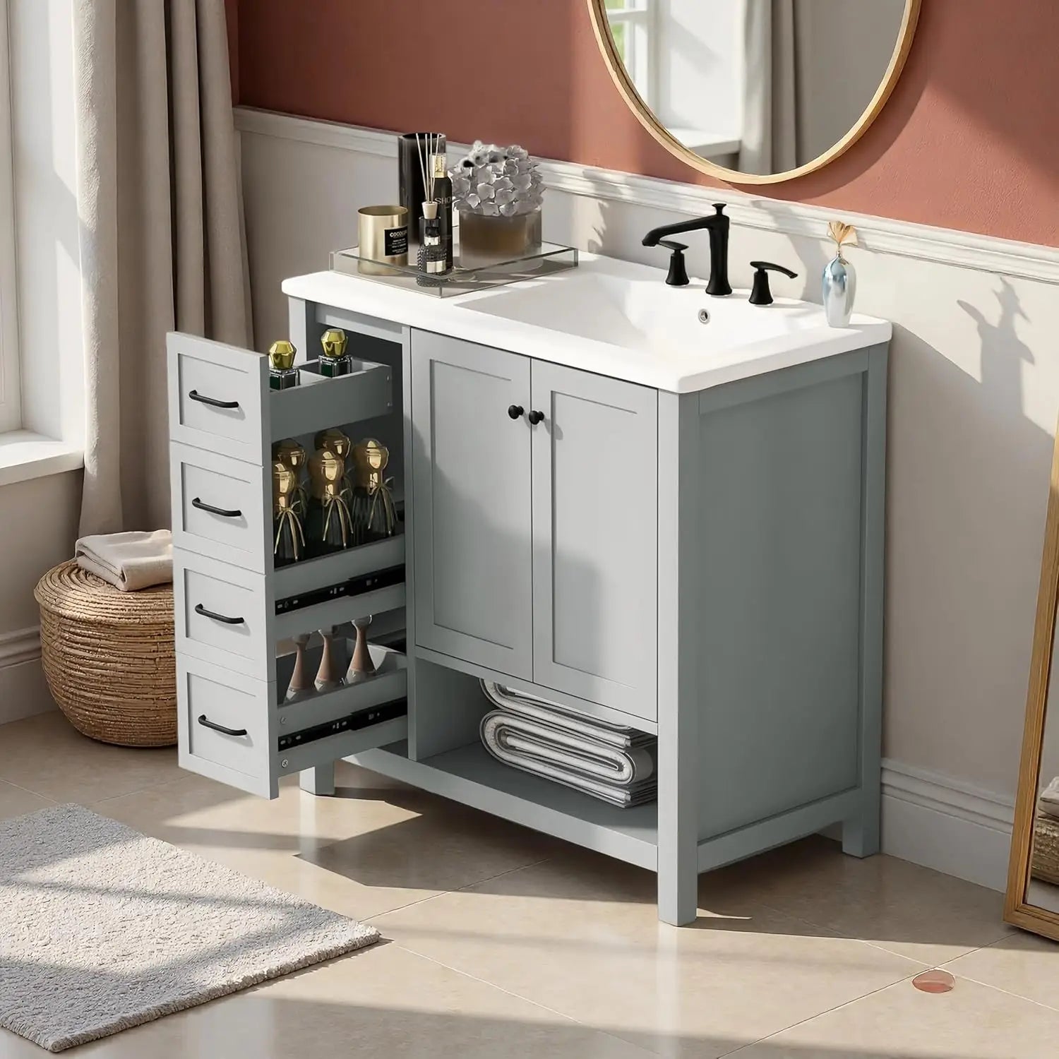 36" Modern Vanity with Ceramic Sink, Soft-Close Drawers & Door,