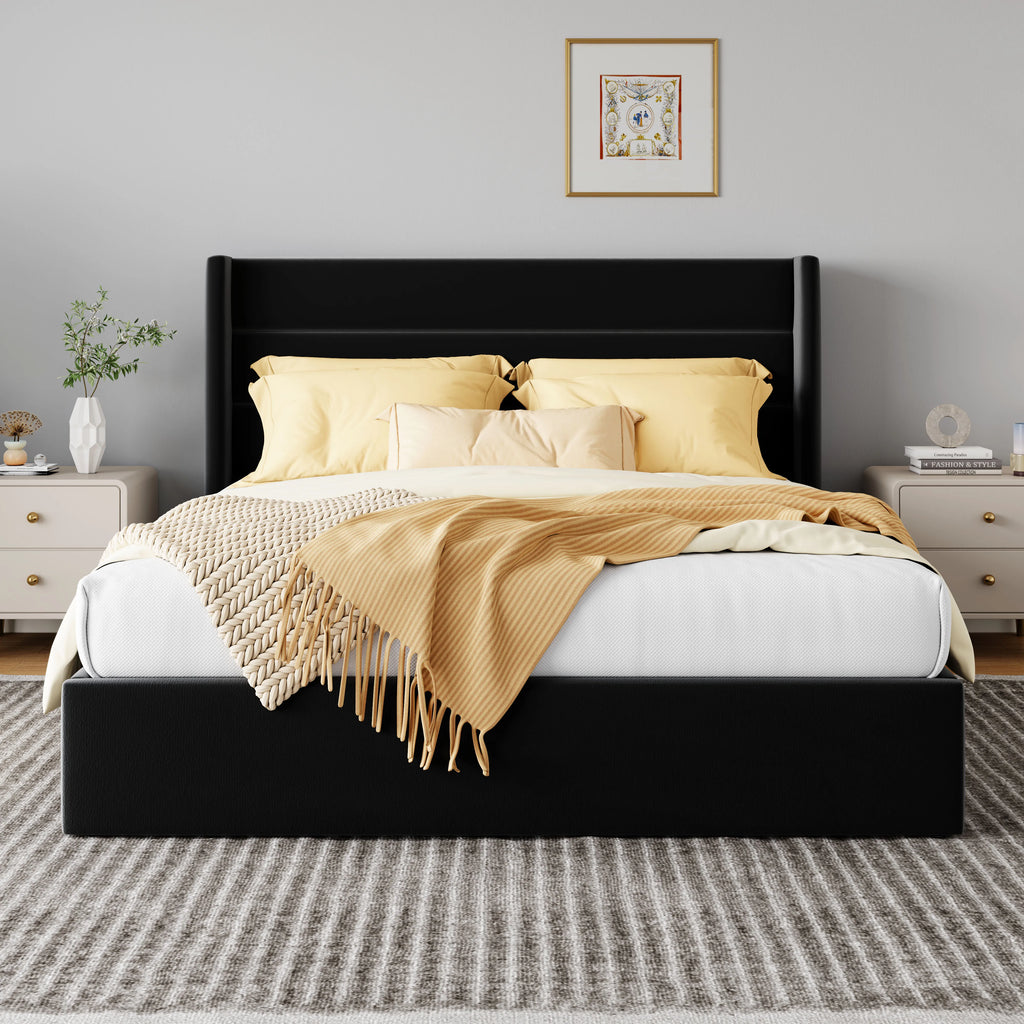 Lift Up Storage Bed with Wingback Headboard/Heavy-Duty Hydraulic Bed/Large Underneath Storage