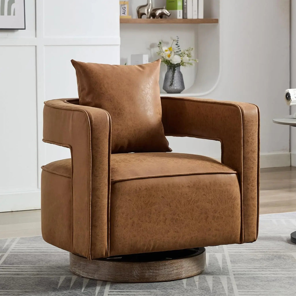 Upholstered Swivel Accent Chair Set of 2 Linen Open Back Barrel Chair with Pillow for Living Room, Beige