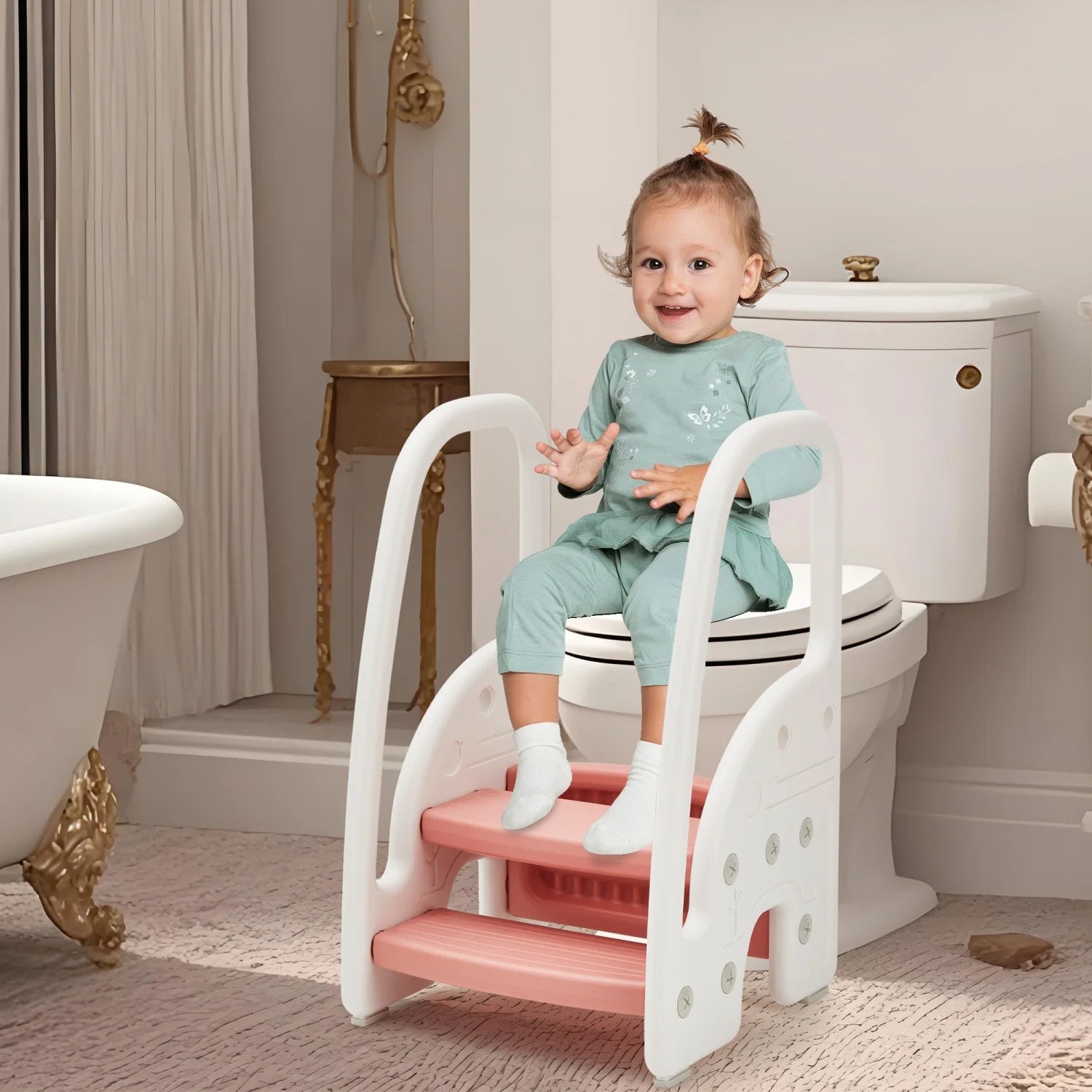 Adjustable 3-Step Toddler Step Stool with Handrails–Non-Slip Pedals