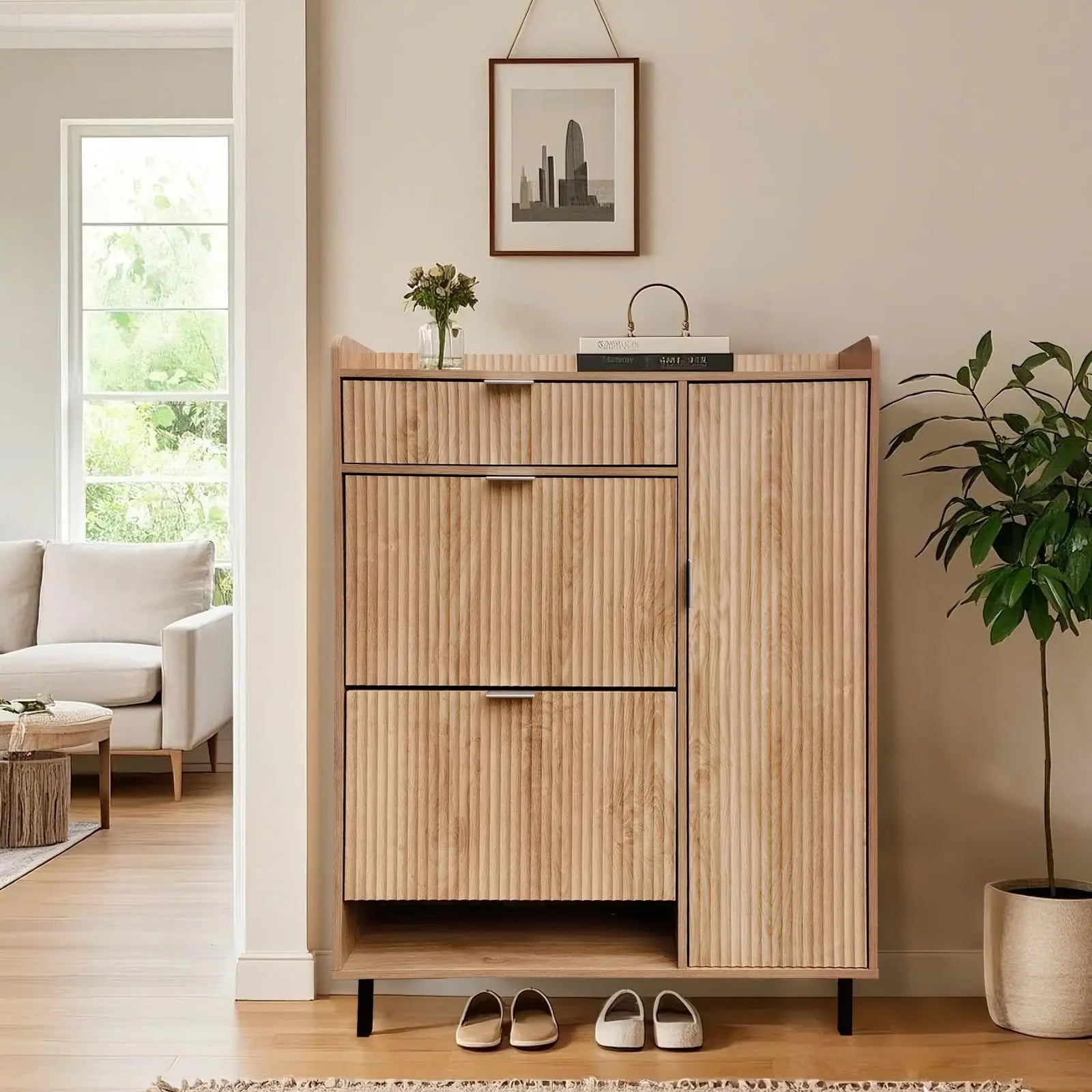 Freestanding Narrow Entryway Shoe Organizer With Adjustable Shelves,