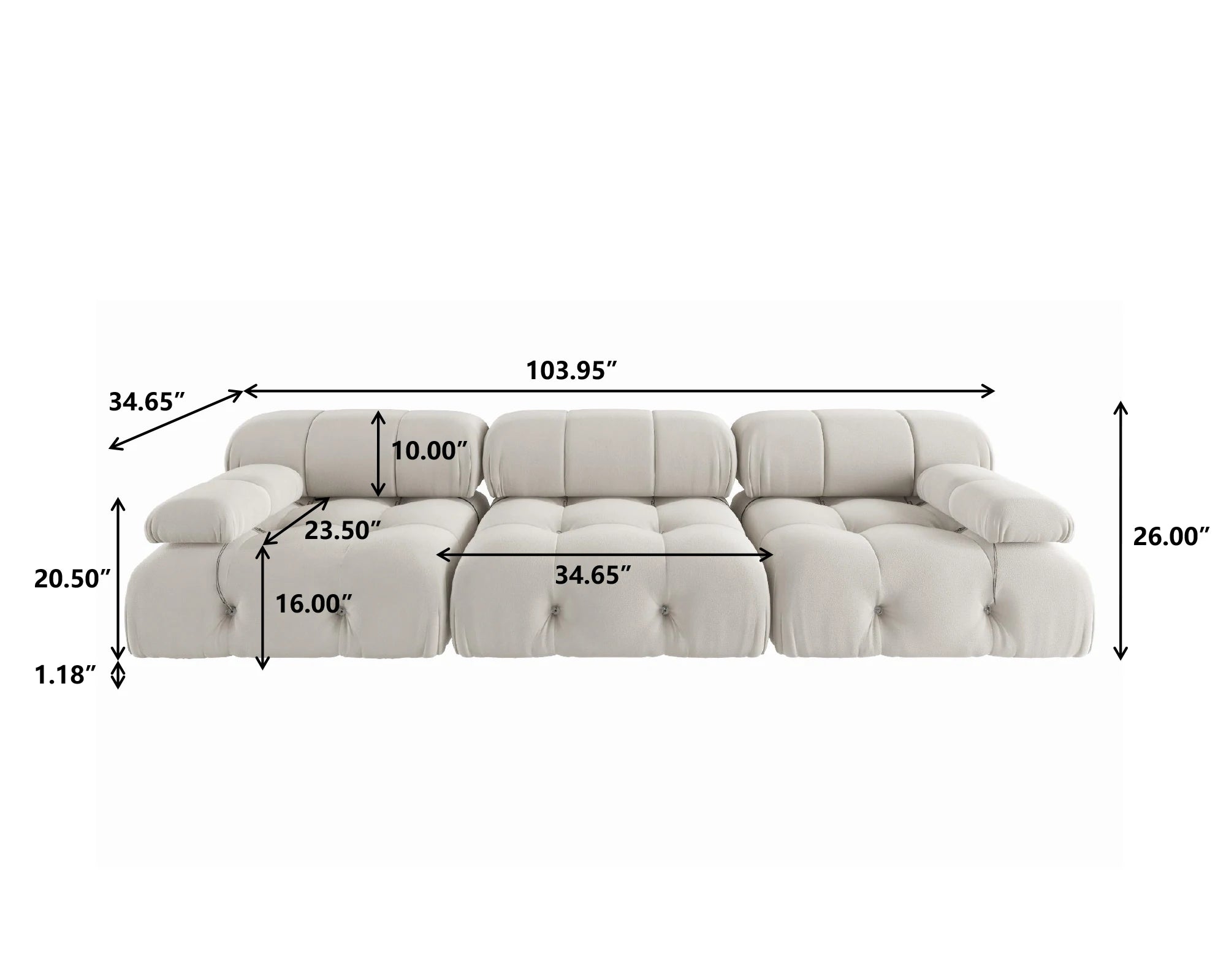 104" Minimalist Modular Sectional Sofas Modern Velvet Convertible Couches 3 Seats