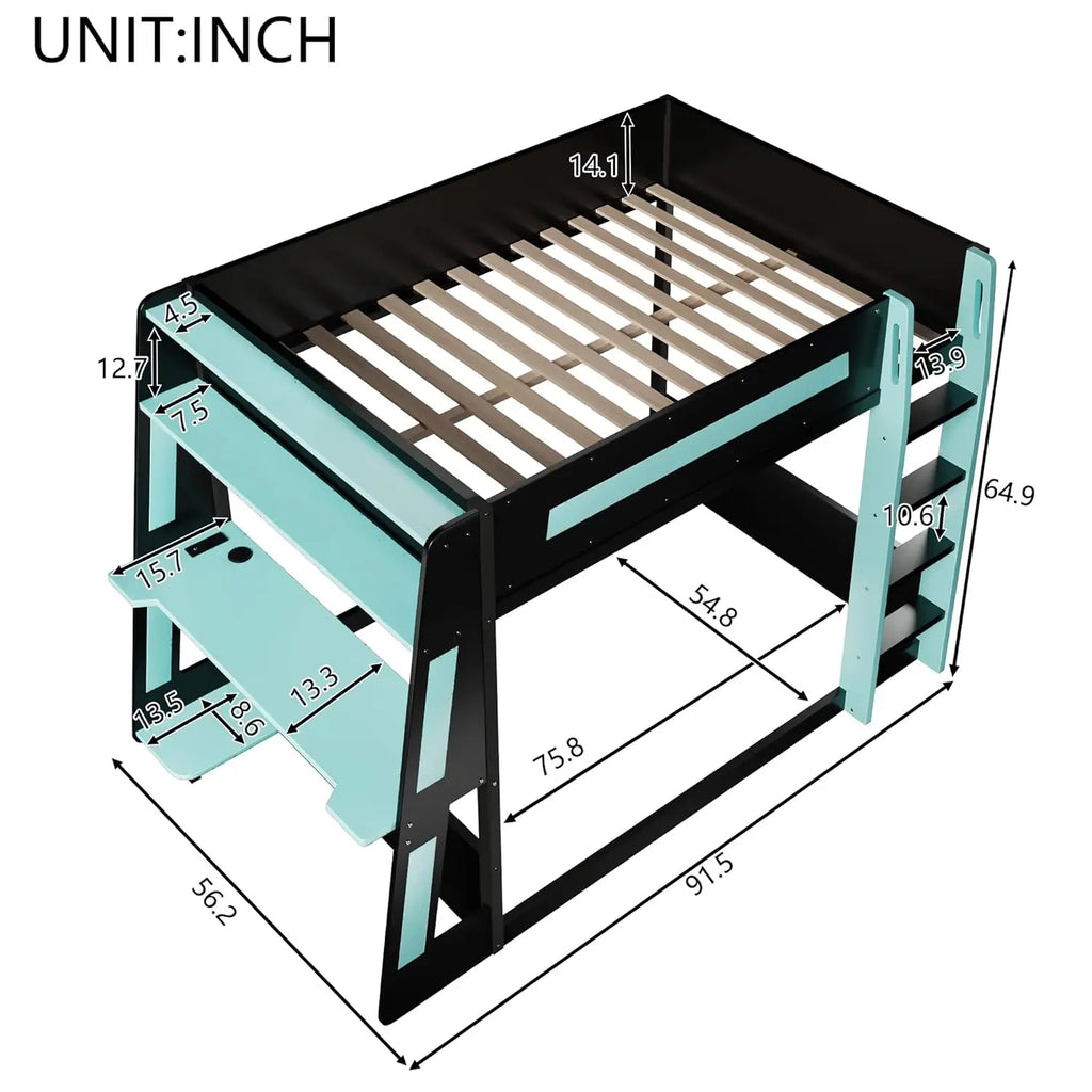 Full Wooden Gaming Bunk Bed with Desk Storage Shelves USB LED Light