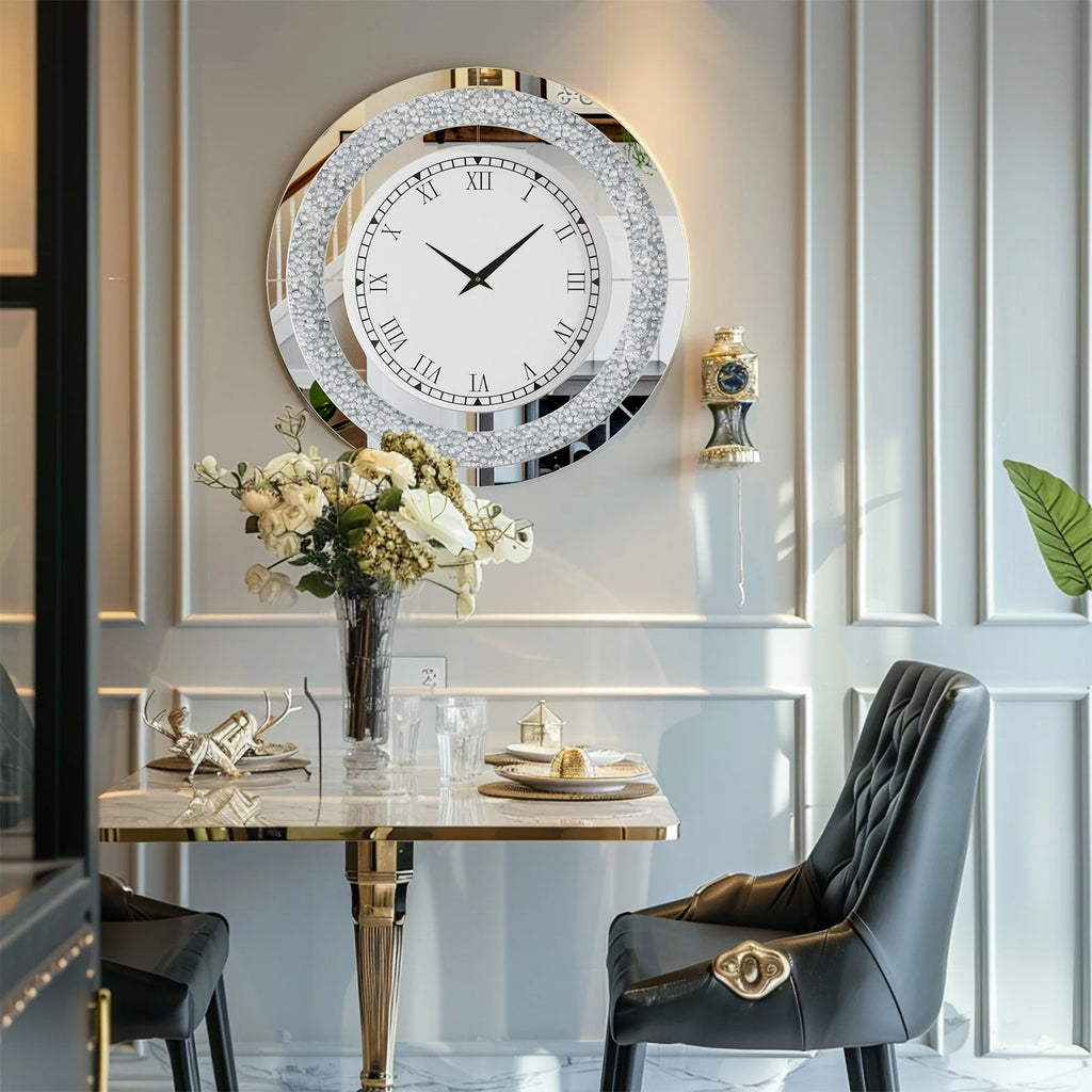 Silver,Tawny Tinted Round Mirror ,24inch Crush Diamond Large Mirrored Wall Clock