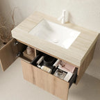 36in Wall Mounted Bathroom Vanity with Sink Ceramic Basin Travertine Countertop Storage Drawer Door Light