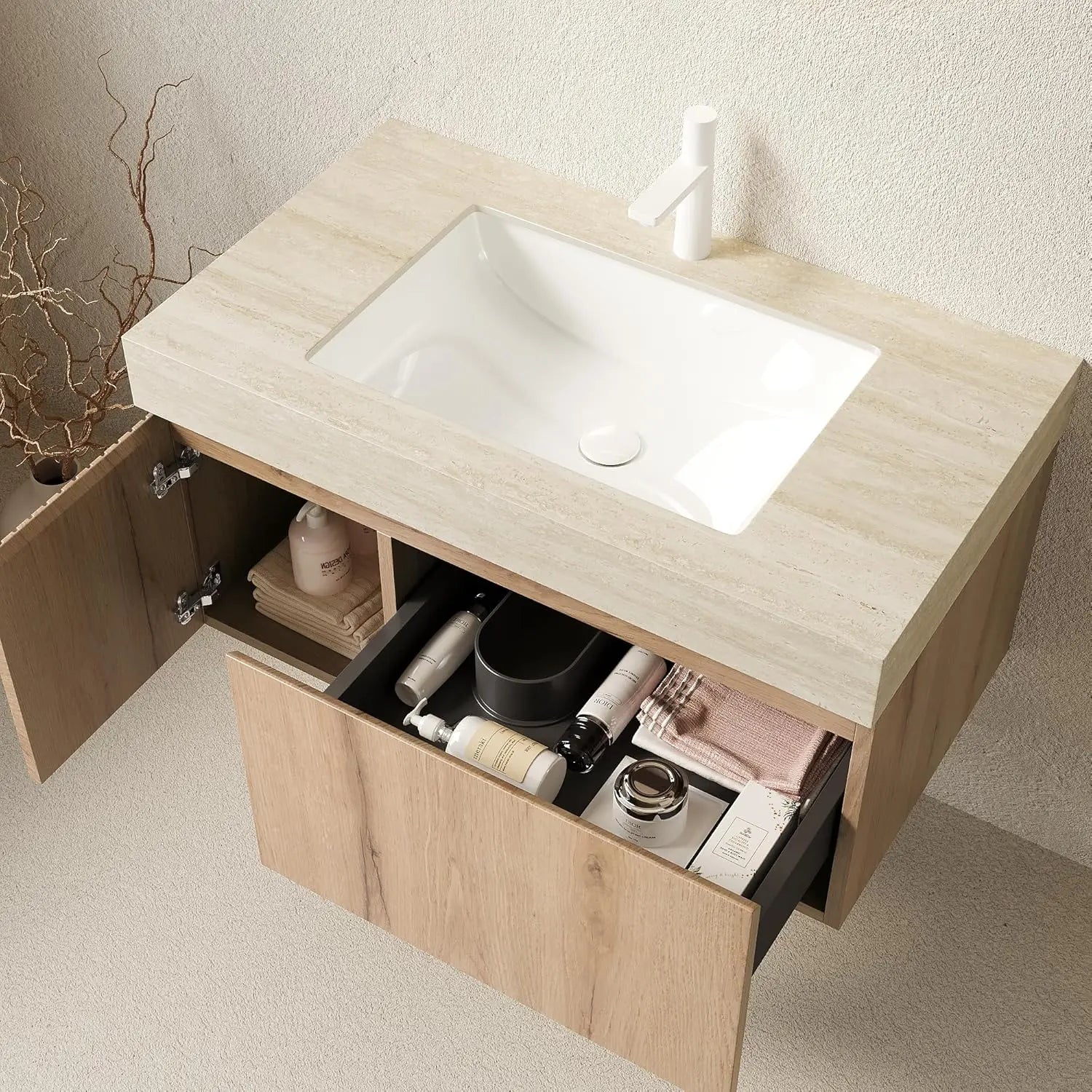 36in Wall Mounted Bathroom Vanity with Sink Ceramic Basin Travertine Countertop Storage Drawer Door Light