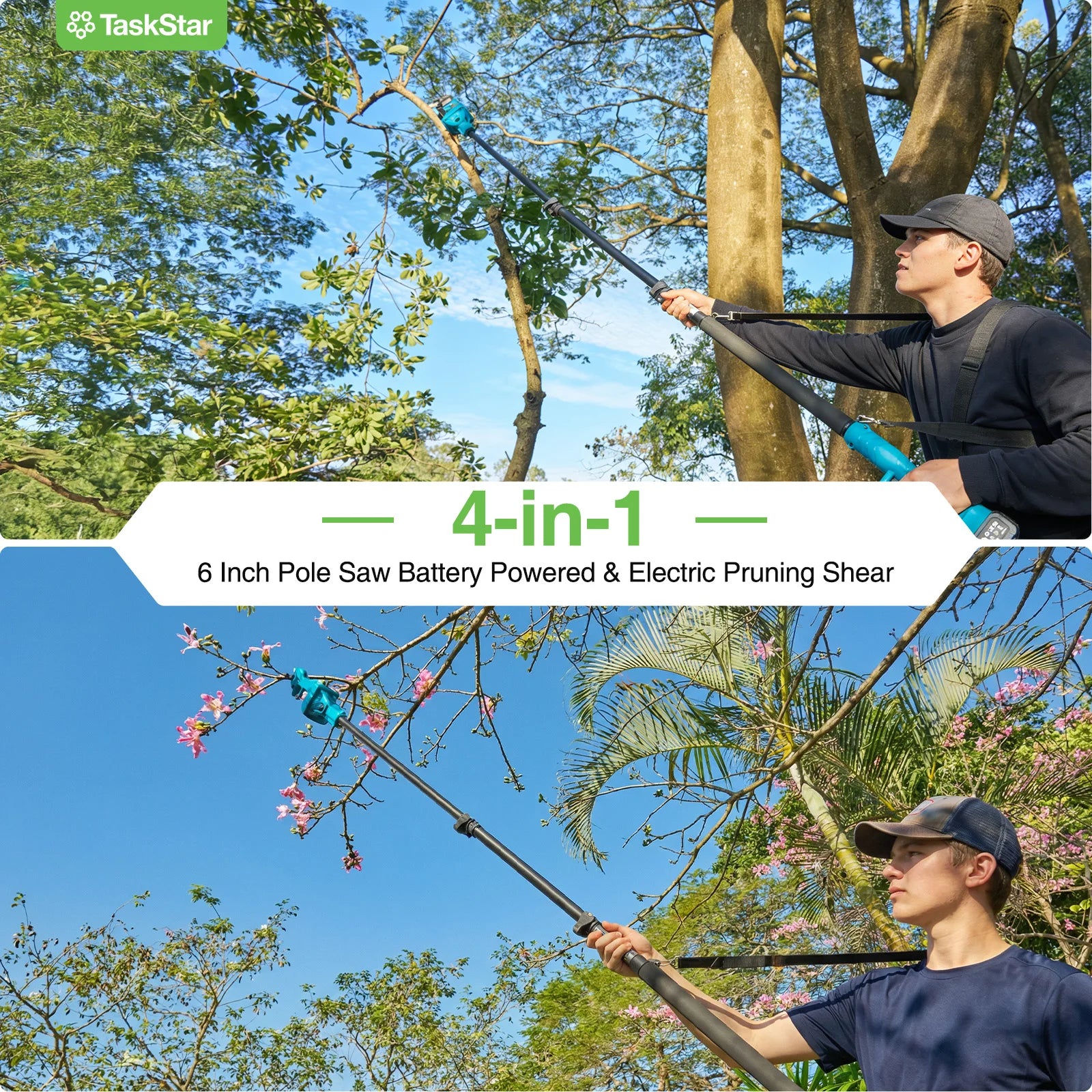 TaskStar 4-in-1 Garden Power Tools Cordless Pole Saw 6" Mini Chainsaw Electric Pruning Shears 30mm Pole Pruner For Wood Cutting