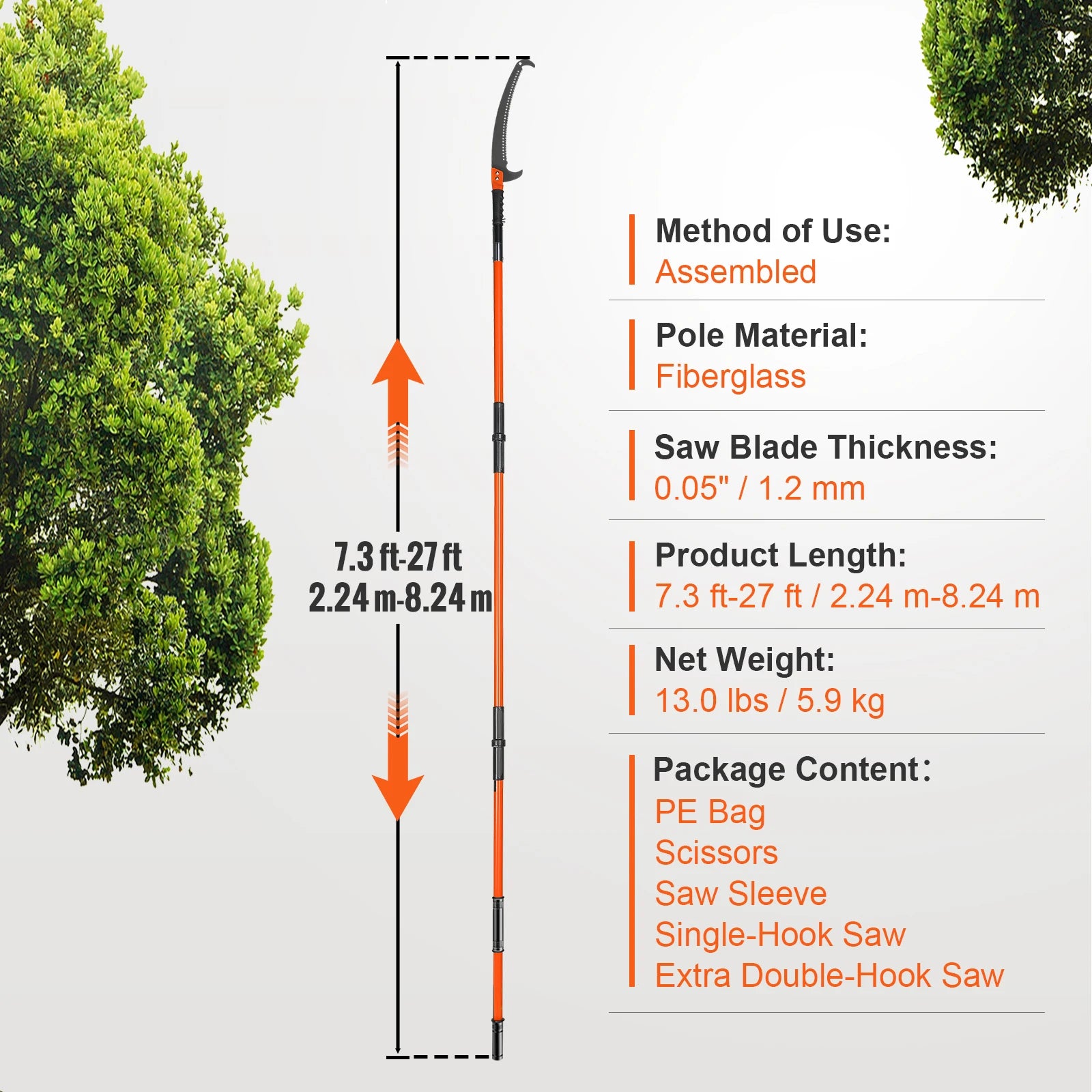 Manual Pole Saw Extendable Tree Pruner with Lightweight Aluminum Alloy Handle