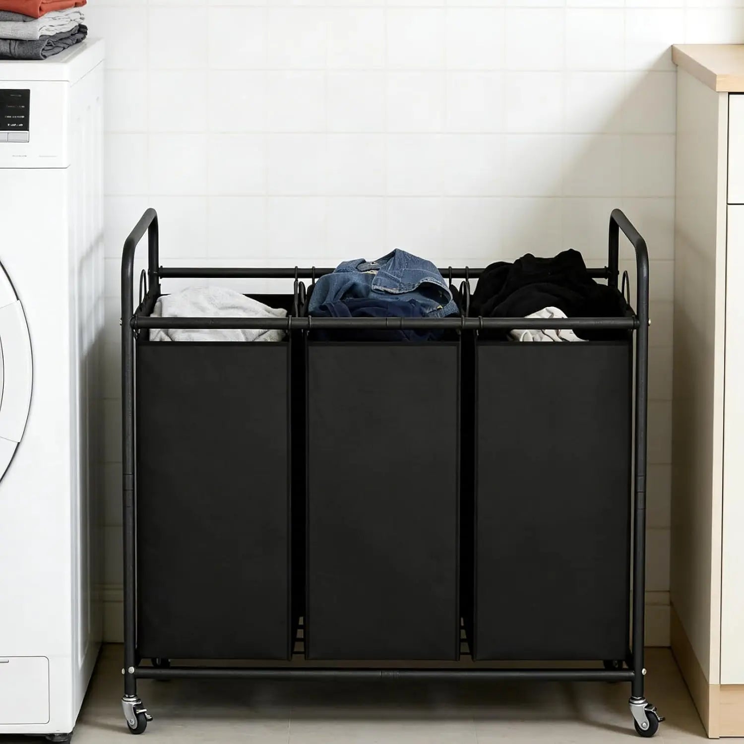 3-Bag Laundry Basket with Rolling Wheels, 35.6 Gal(135 L)