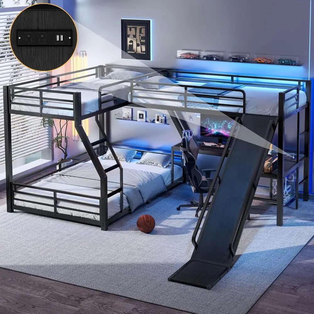 Black Metal Twin Over Full Bunk Bed with Loft, Desk, Ladder, USB Ports, Slide for Kids & Adults
