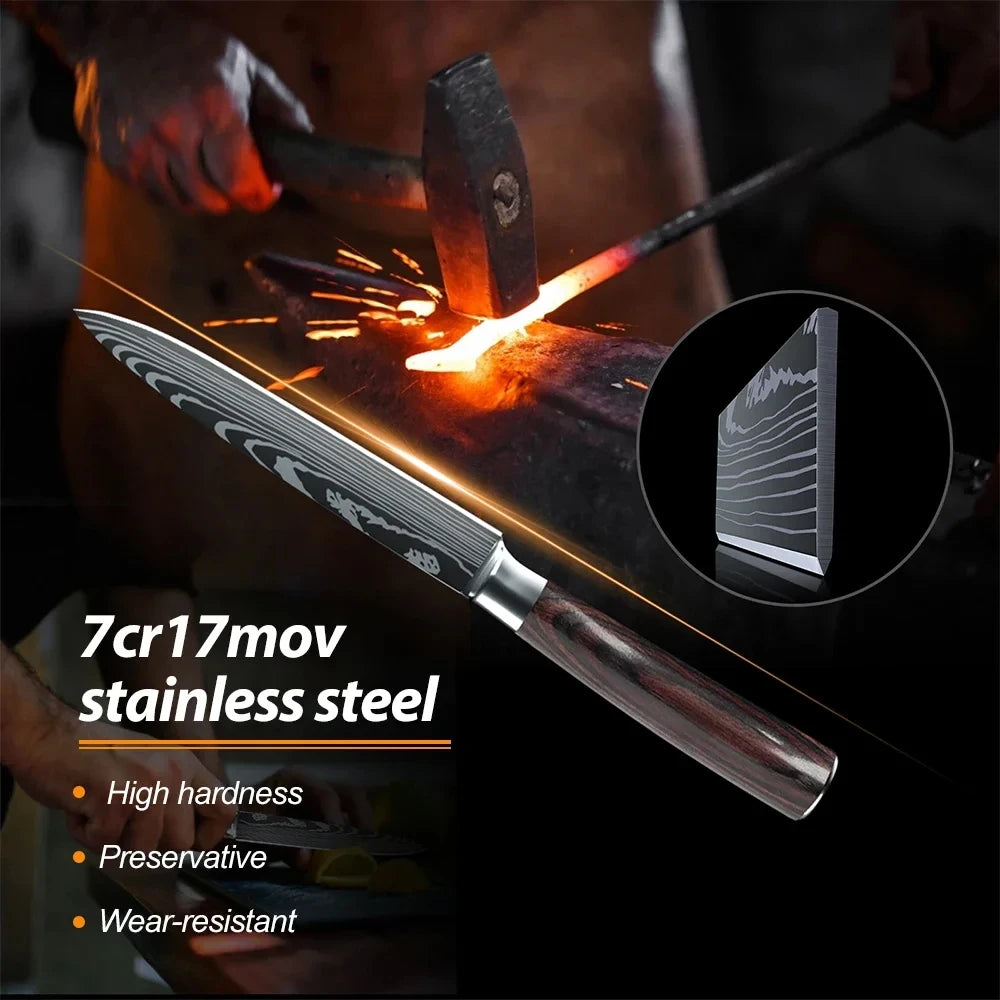 8 PCS Kitchen Stainless steel Laser Damascus Japanese Santoku Cleaver Slicing Utility Chef Knife