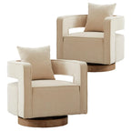 Upholstered Swivel Accent Chair Set of 2 Linen Open Back Barrel Chair with Pillow for Living Room, Beige