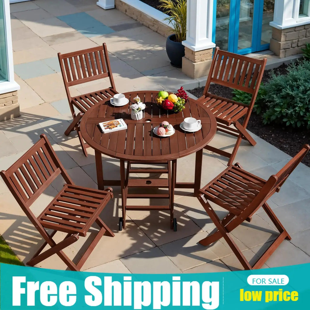 Stylish 5 Piece Patio Dining Set Outdoor Acacia Wood Furniture All-Weather Folding Round Table and Chairs for Backyard, Balcony,