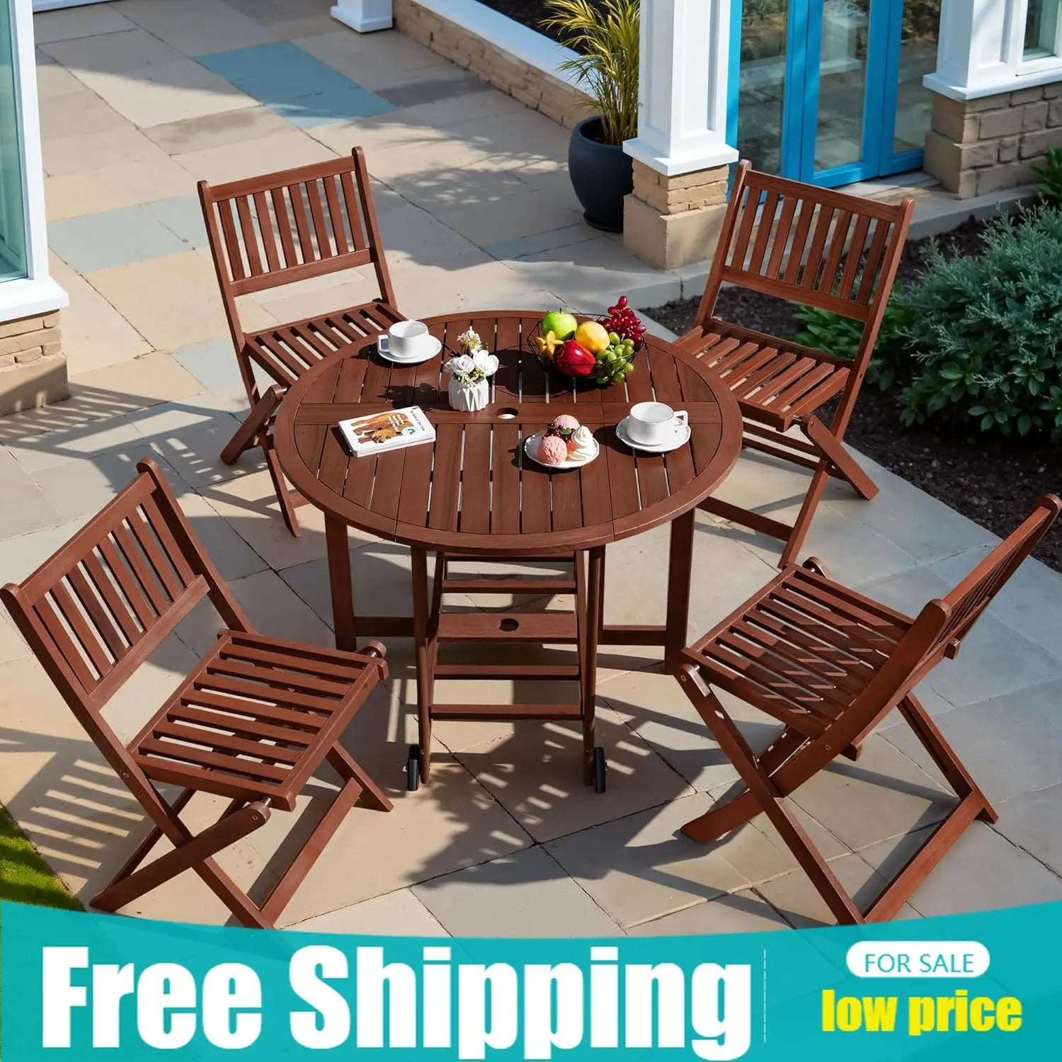 Stylish 5 Piece Patio Dining Set Outdoor Acacia Wood Furniture All-Weather Folding Round Table and Chairs for Backyard, Balcony,