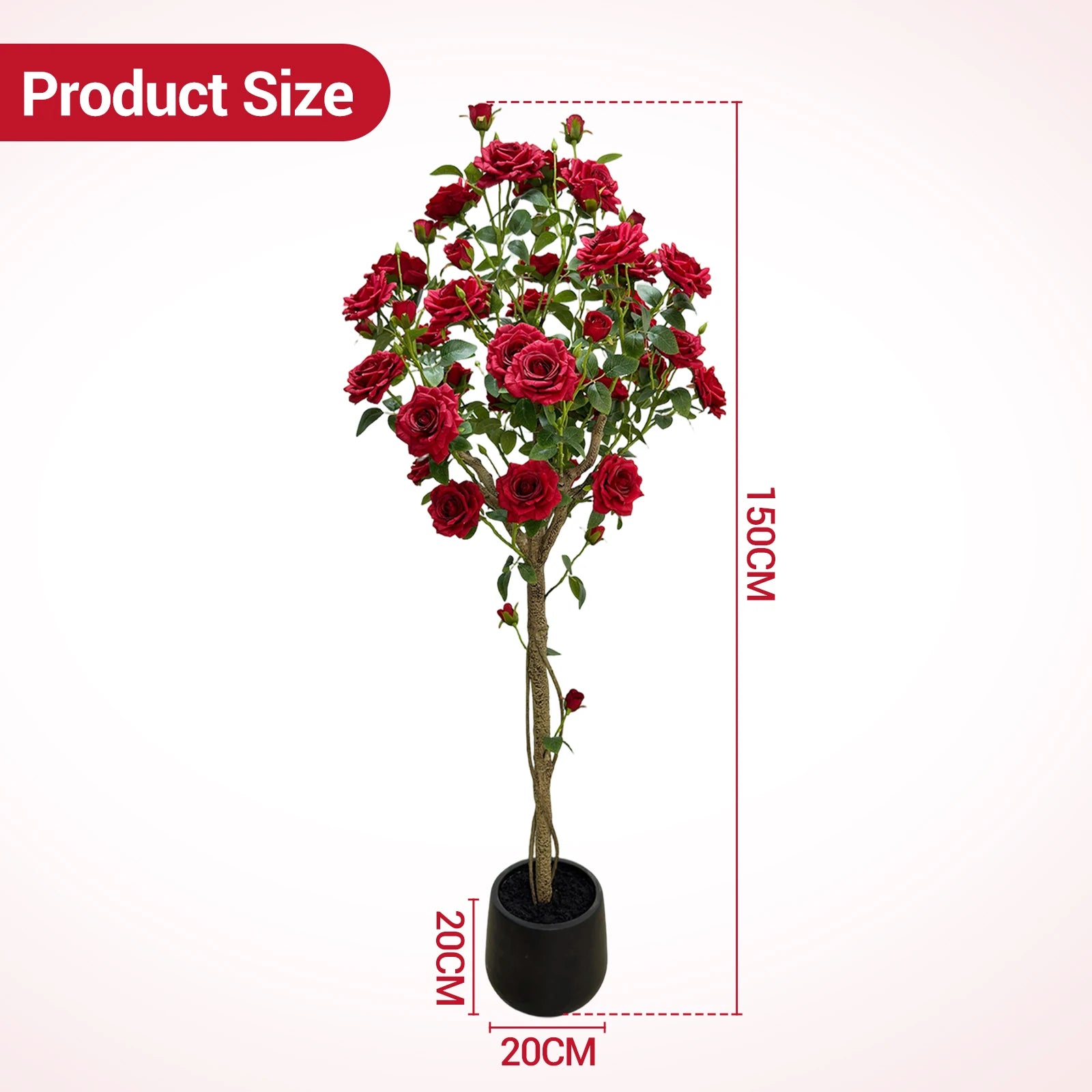 150cm Artificial Rose Tree, Realistic Silk Flower Plant with Plastic Trunk in Decorative Pot, for Indoor & Covered Outdoor Decor
