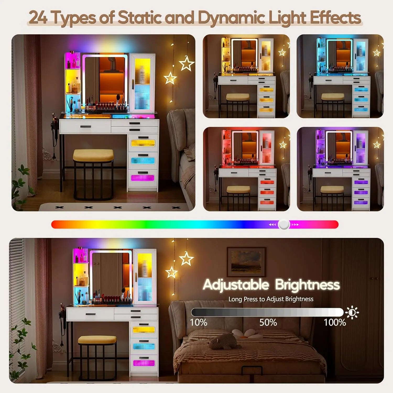 RGB Glass Top Vanity Desk with Mirror Light Wireless Charging Stool 6 Drawers Cabinet Bedroom White Customized
