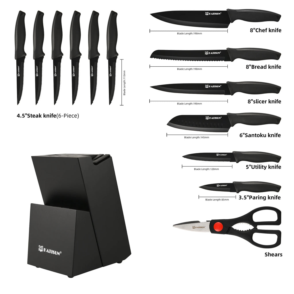 15 Pieces Carbon Steel Kitchen Knife Block Set, Built-in Knife Sharpener, Non-Slip