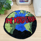Trendy 'The World Is Yours' Globe Tufted Rug Round Fluffy Shaggy Carpet Black Blue Green Red Non-Slip Absorbent Bath Mat Living