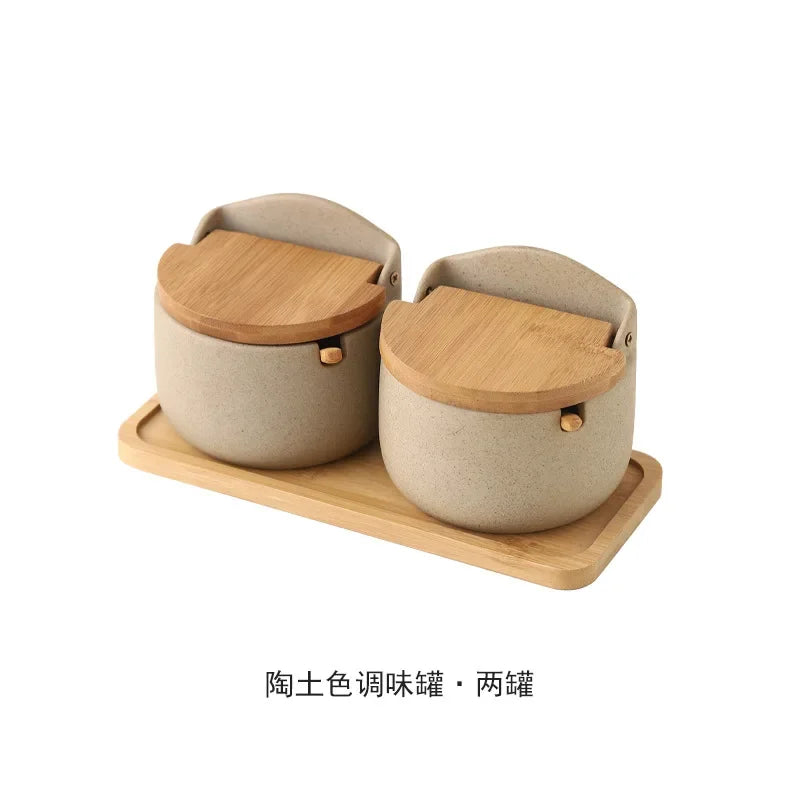 Ceramic Seasoning Jars with Wooden Lid Salt Shakers Kitchen Supplies White Spice Organizer Canister Spoon Set