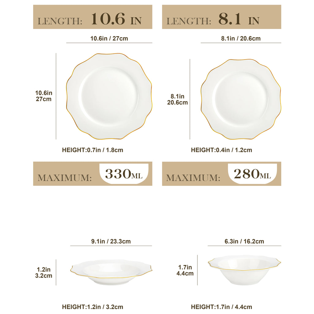 White Porcelain Tableware Set with Bowl, Dinner&Dessert&Soup Plate Set for 4/8