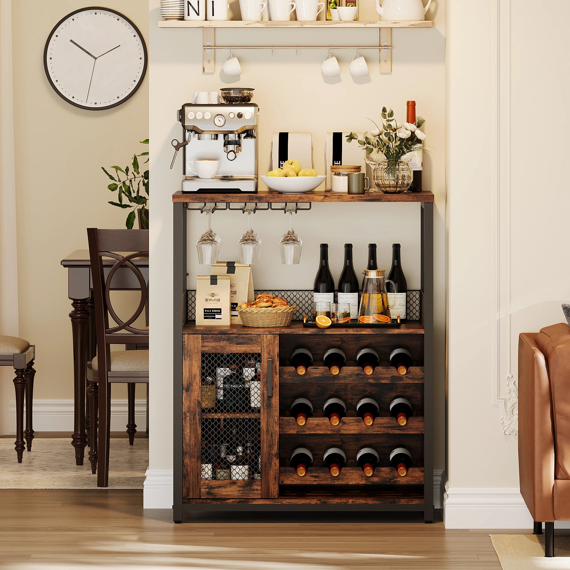 36" Wine Bar Cabinet with LED Lights - Adjustable Glass Shelves