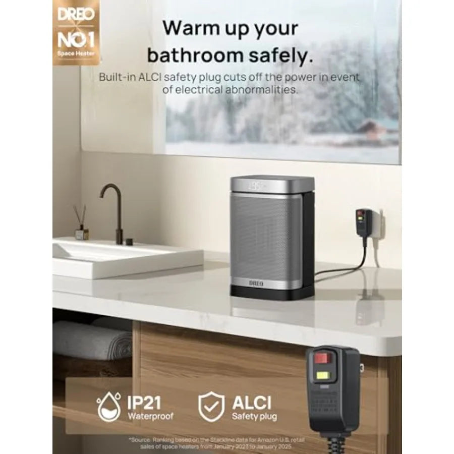 Portable Bathroom Heater 1500W PTC Ceramic with Digital Thermostat 41-95F 70 Oscillating Remote ALCI Safety Plug 12h Timer 5 Mo