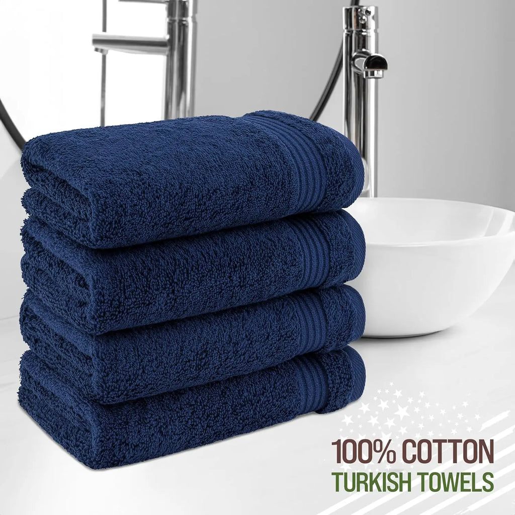 Set of 4 Navy Blue Turkish Cotton Hand Towels, Soft Bathroom Face Towels for American Homes