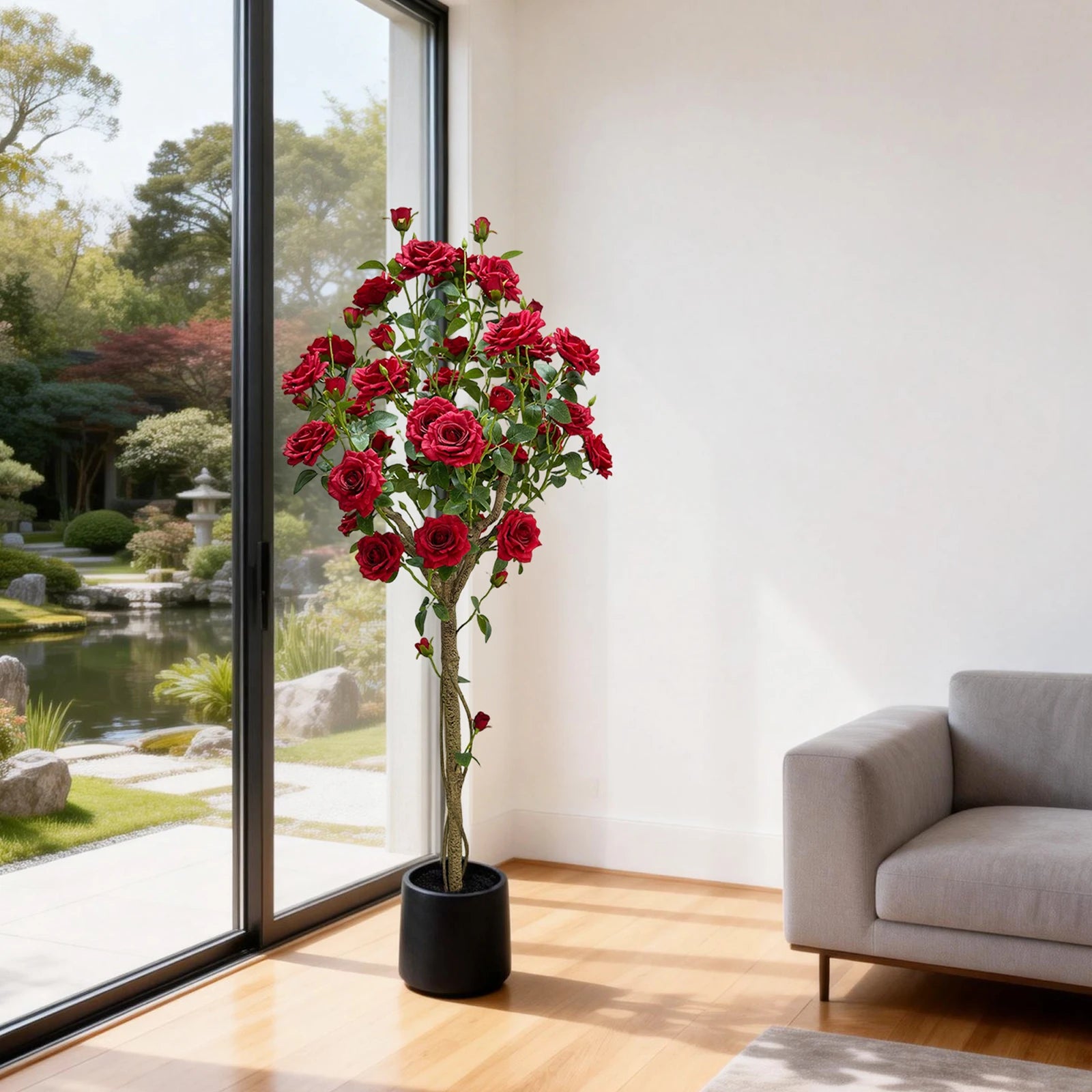 150cm Artificial Rose Tree, Realistic Silk Flower Plant with Plastic Trunk in Decorative Pot, for Indoor & Covered Outdoor Decor