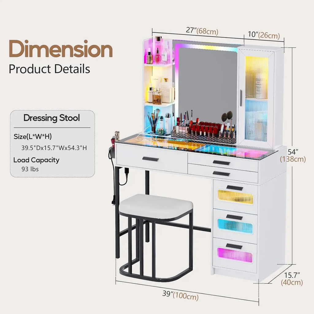 RGB Glass Top Vanity Desk with Mirror Light Wireless Charging Stool 6 Drawers Cabinet Bedroom White Customized