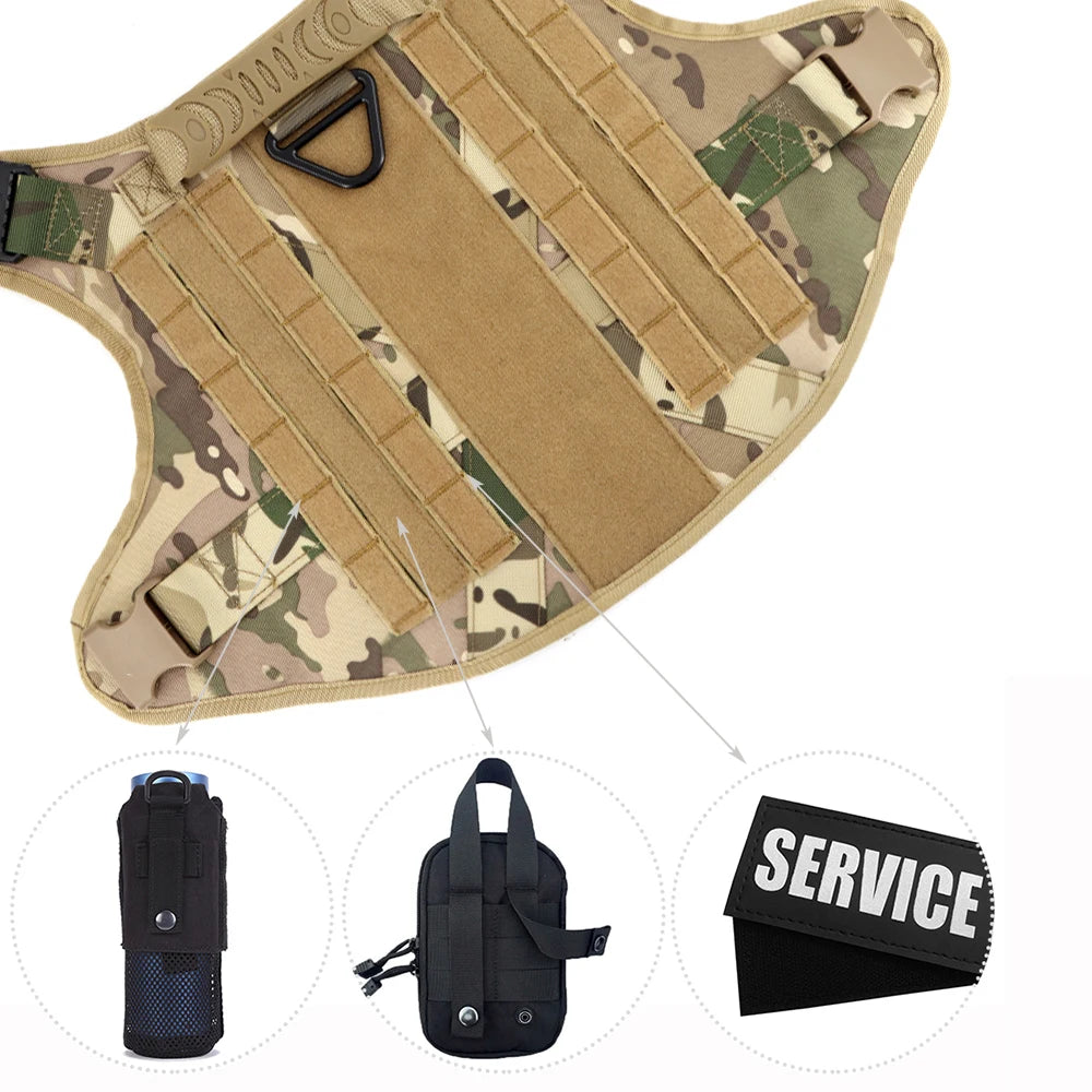 Military Large Dog Harness Collar Leash Bags Patches Set