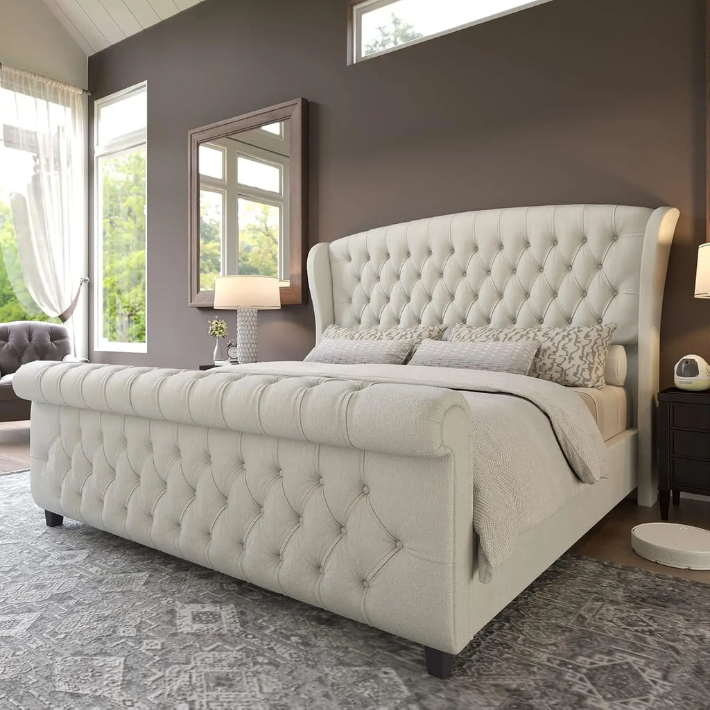 Chenille Upholstered Sleigh Bed with Scroll Wingback Headboard & Footboard/Button,