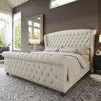Chenille Upholstered Sleigh Bed with Scroll Wingback Headboard & Footboard/Button,