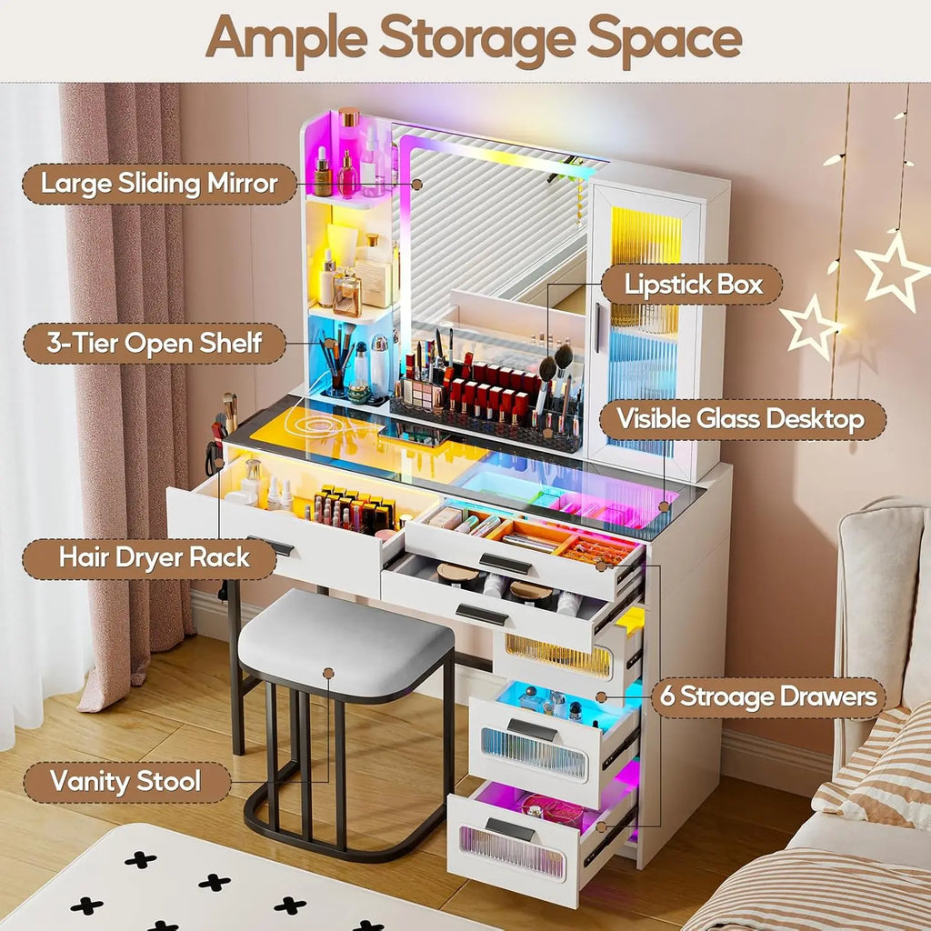 RGB Glass Top Vanity Desk with Mirror Light Wireless Charging Stool 6 Drawers Cabinet Bedroom White Customized