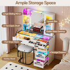 RGB Glass Top Vanity Desk with Mirror Light Wireless Charging Stool 6 Drawers Cabinet Bedroom White Customized