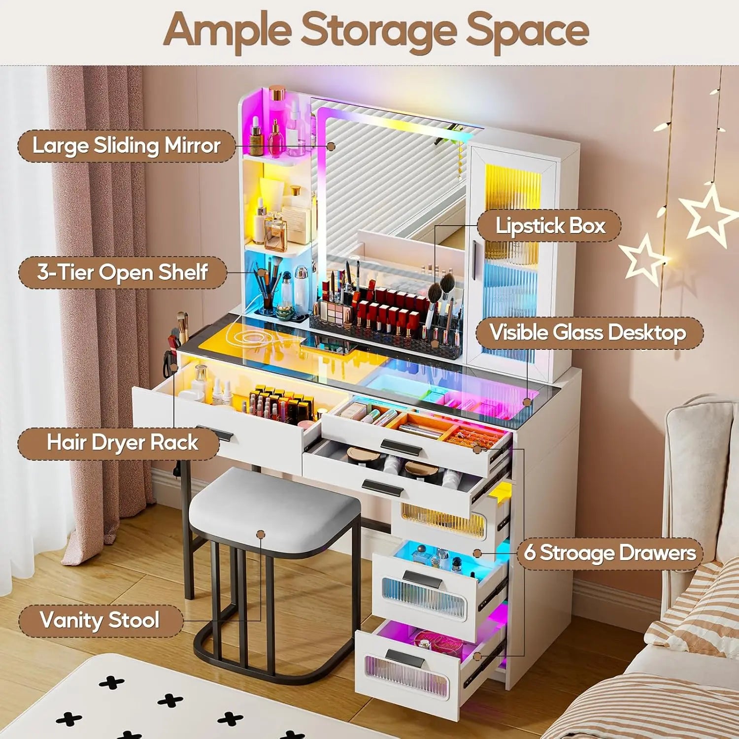 RGB Glass Top Vanity Desk with Mirror Light Wireless Charging Stool 6 Drawers Cabinet Bedroom White Customized