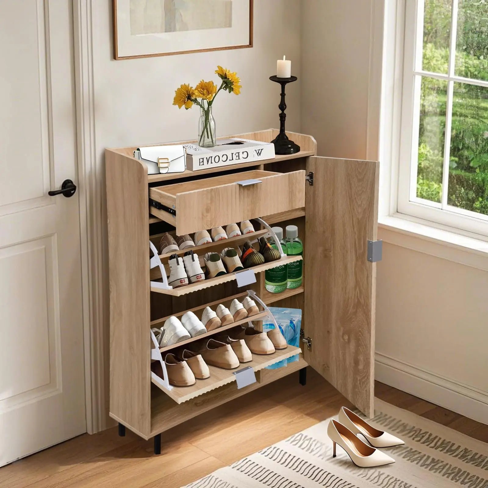 Freestanding Narrow Entryway Shoe Organizer With Adjustable Shelves,