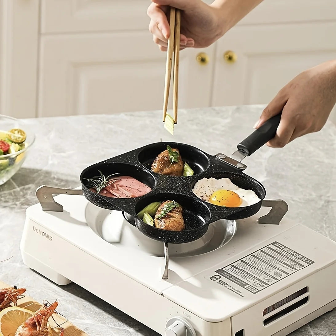 Non-stick iron omelette pan with four compartments for pancakes