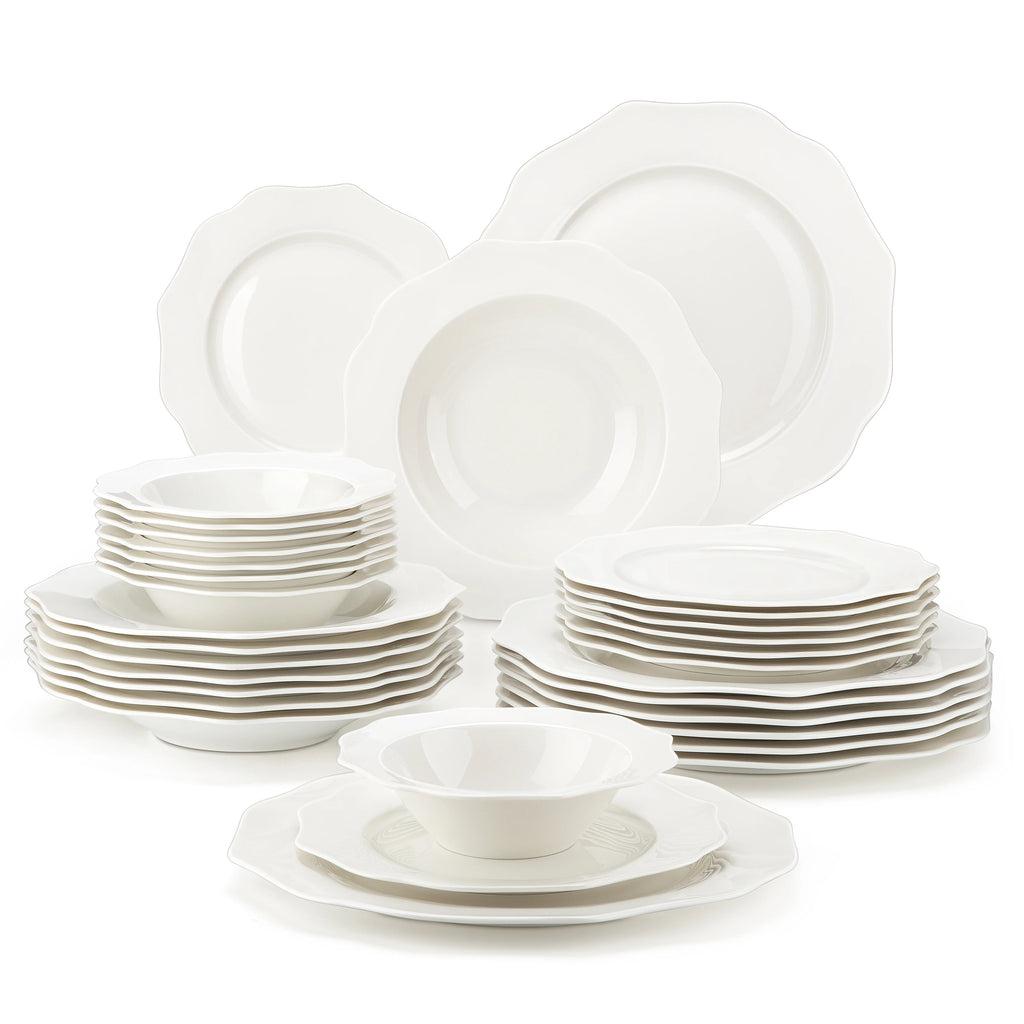 White Porcelain Tableware Set with Bowl, Dinner&Dessert&Soup Plate Set for 4/8