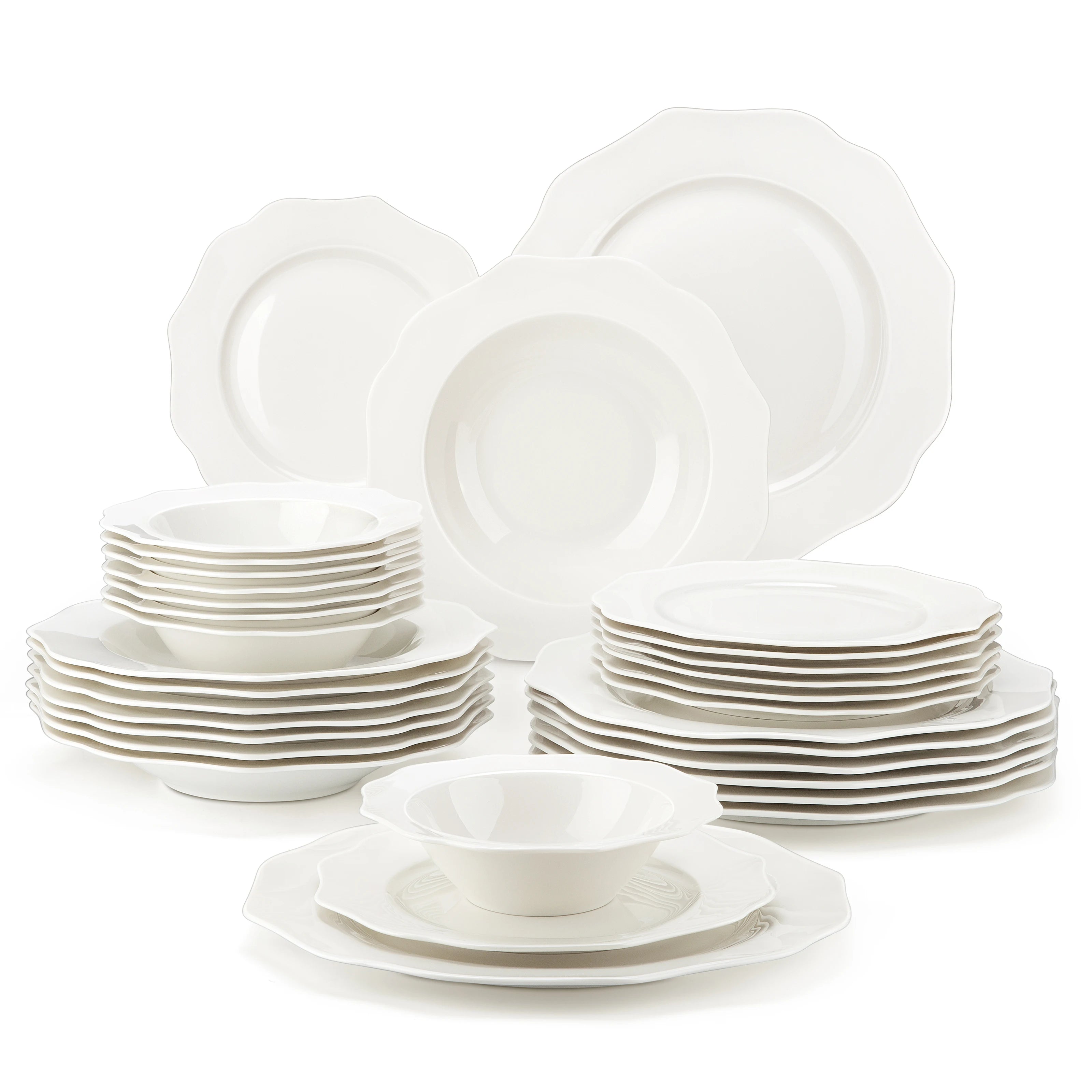 White Porcelain Tableware Set with Bowl, Dinner&Dessert&Soup Plate Set for 4/8