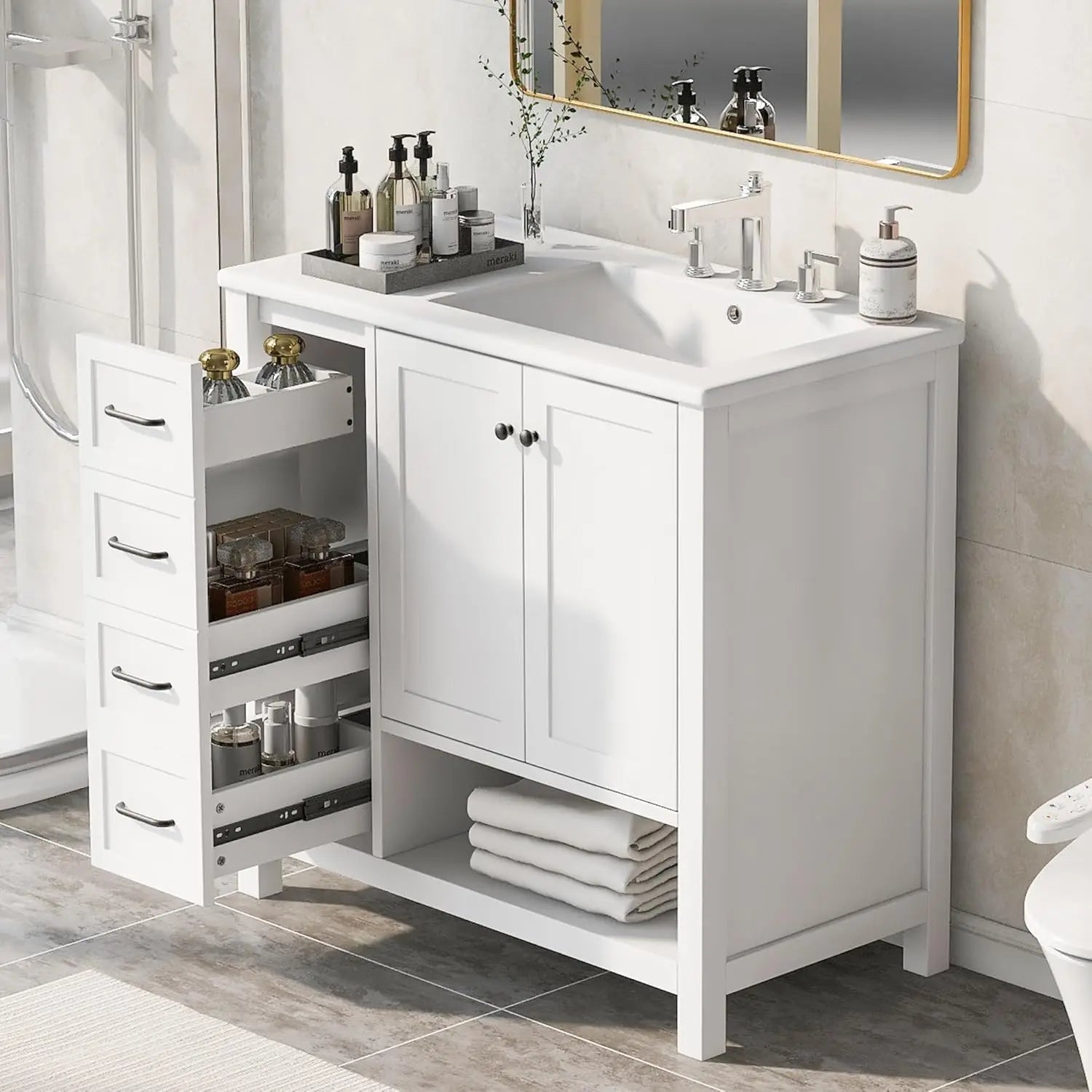 36" Modern Vanity with Ceramic Sink, Soft-Close Drawers & Door,