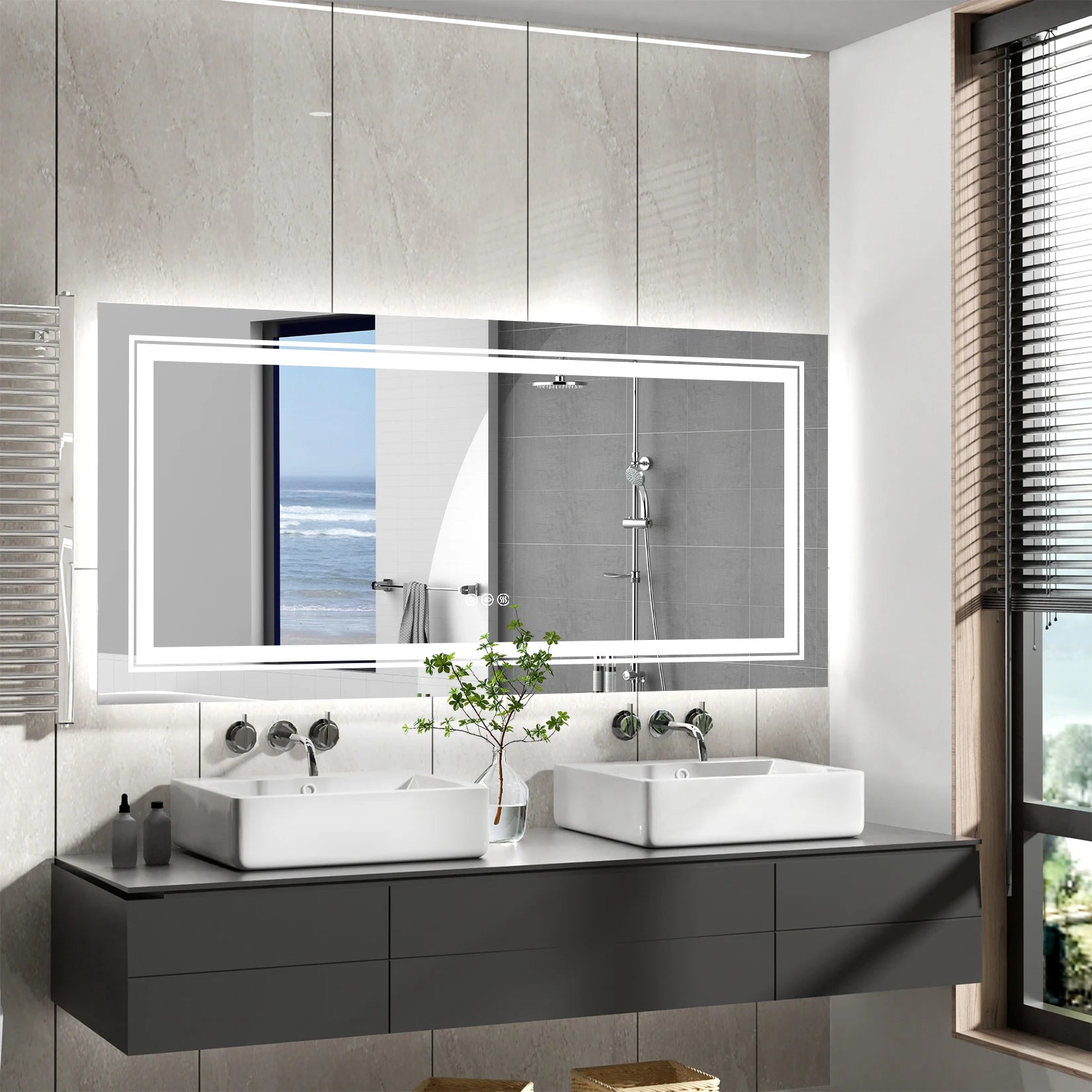 Extra Large Rectangle LED Vanity Dimmable Backlit Anti-Fog Memory with Front and Backlight Shatter-Proof