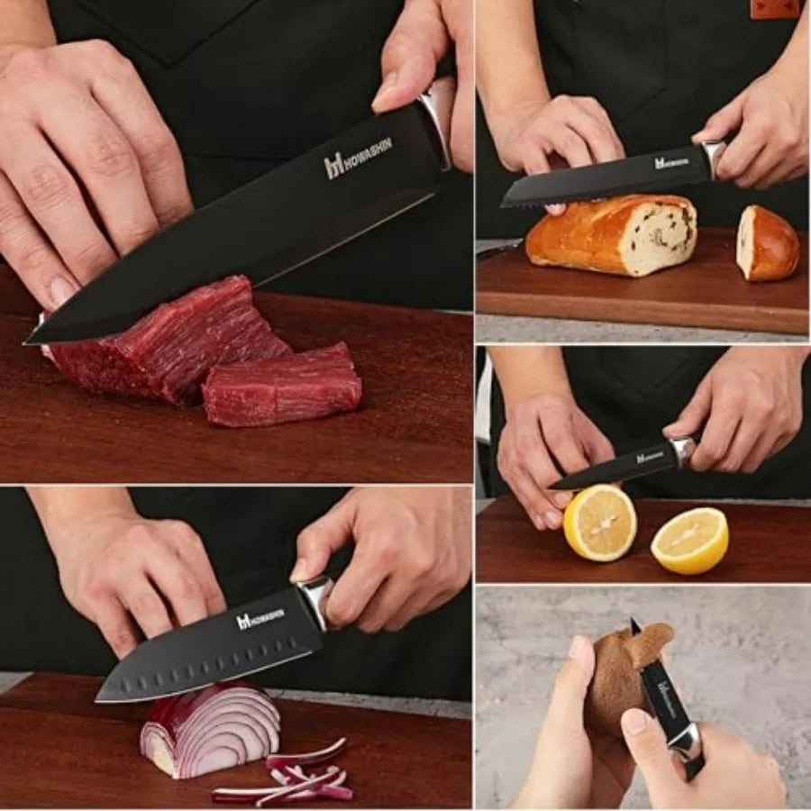 Black Knife Set 15 Pieces Kitchen Knife Set Dishwasher Safe German Stainless Steel