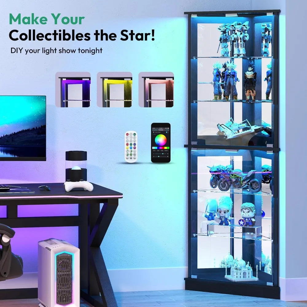 Modern 6-Tier Corner Display Cabinet with Glass Doors and LED Lighting