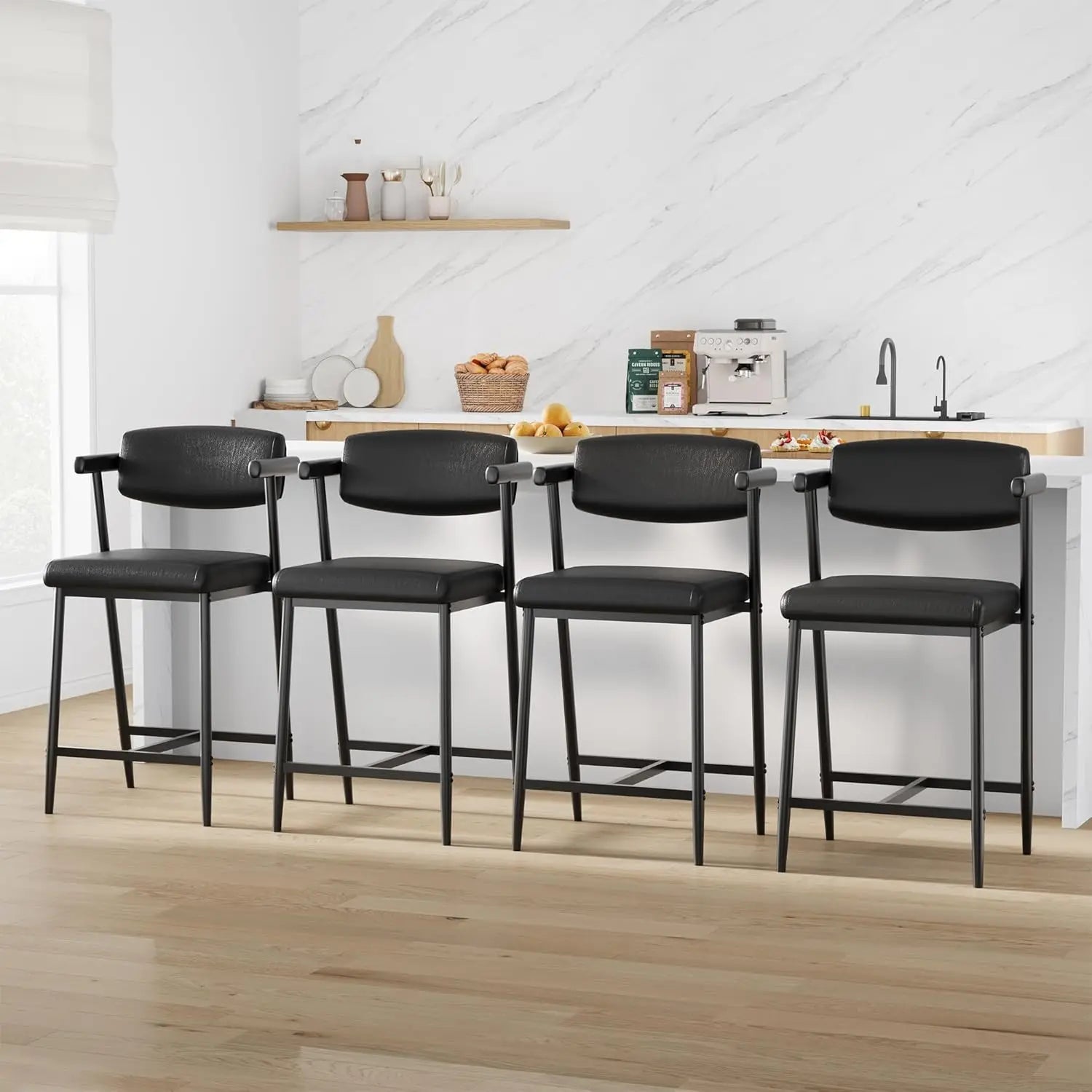 2PCS Modern Bar Stools Set with Back & Upholstered Wider Seat
