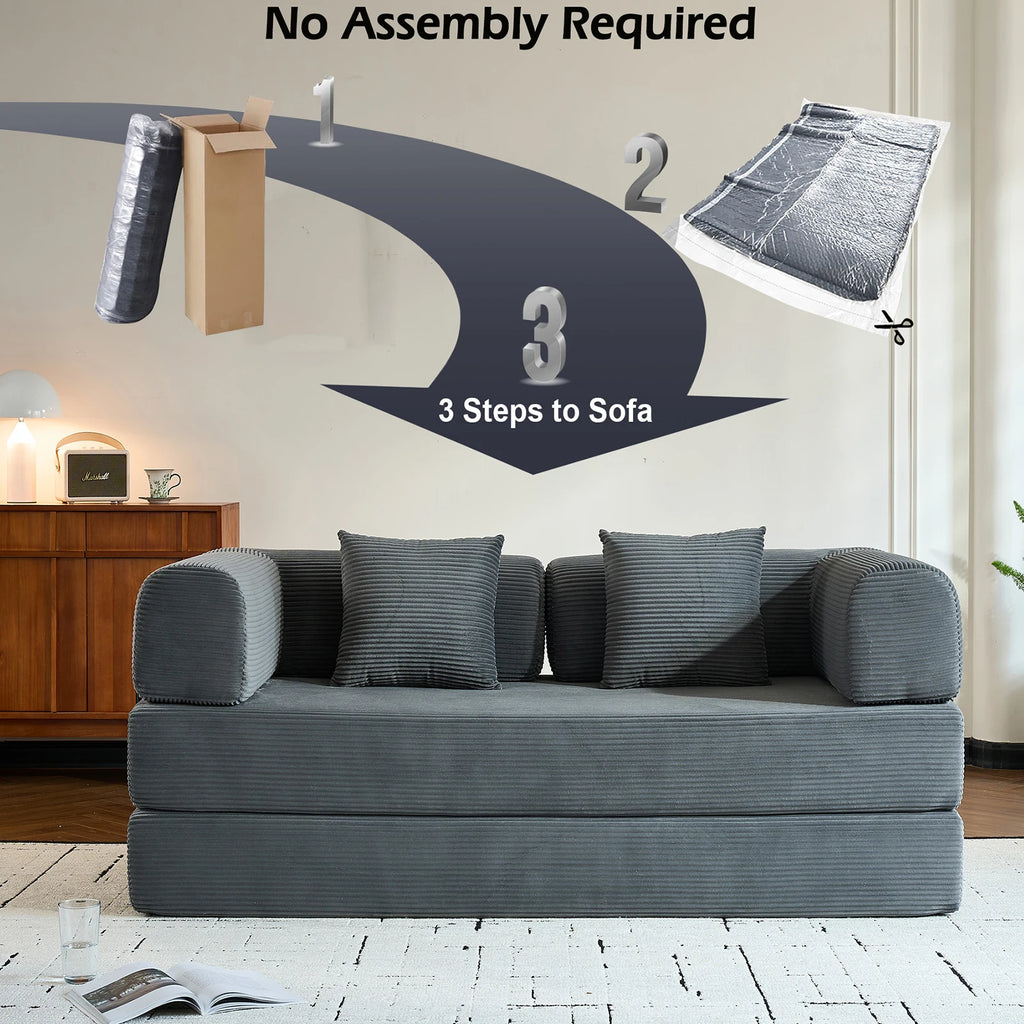 79" Folding Convertible Sofa Bed, Oversized Corduroy Futon Floor Couch, Boneless Loveseat for Small Spaces,