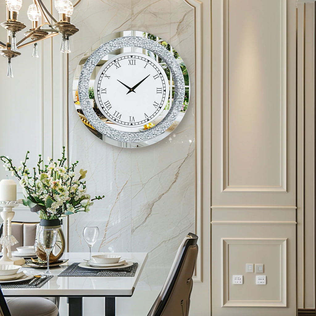 Silver,Tawny Tinted Round Mirror ,24inch Crush Diamond Large Mirrored Wall Clock