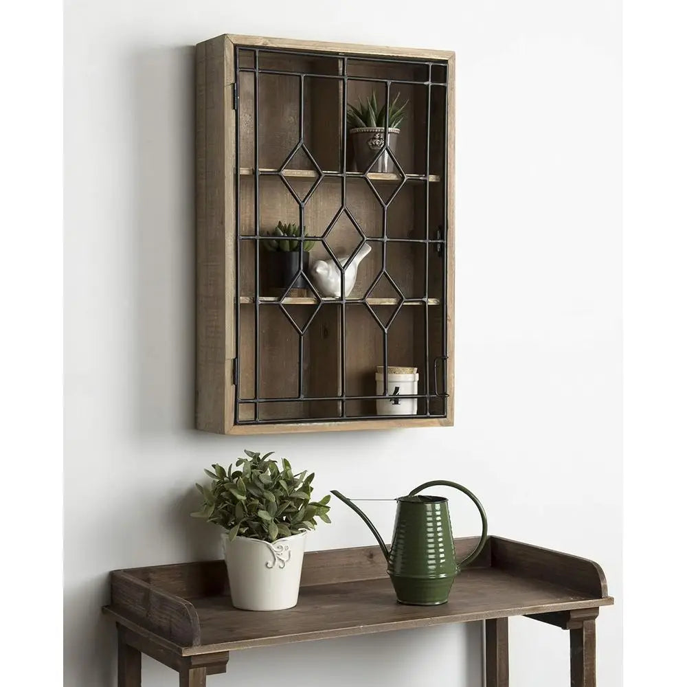 Wall Hanging Open Storage with Decorative Black Iron Door, Rustic Brown